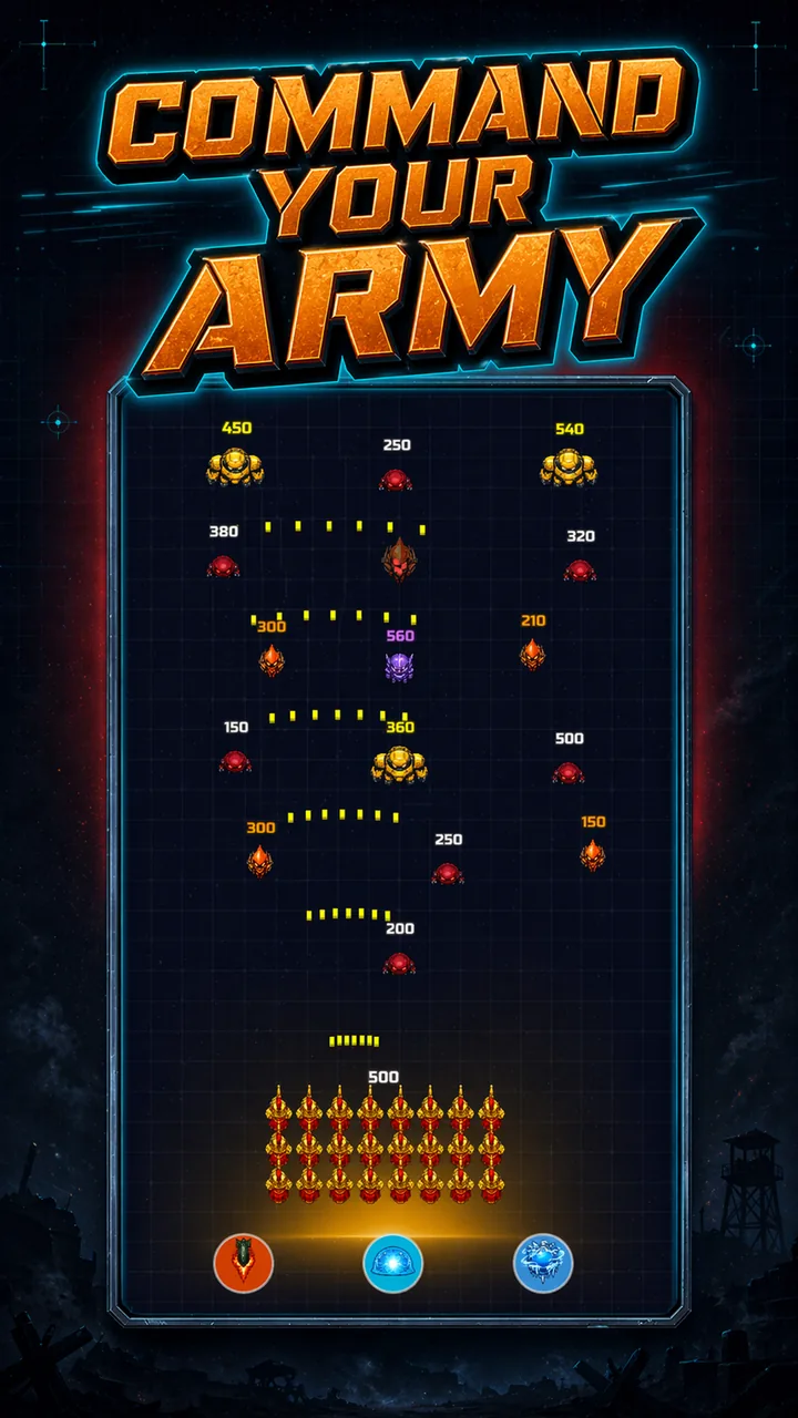 Large squad formation firing on enemy waves in Gate Militia