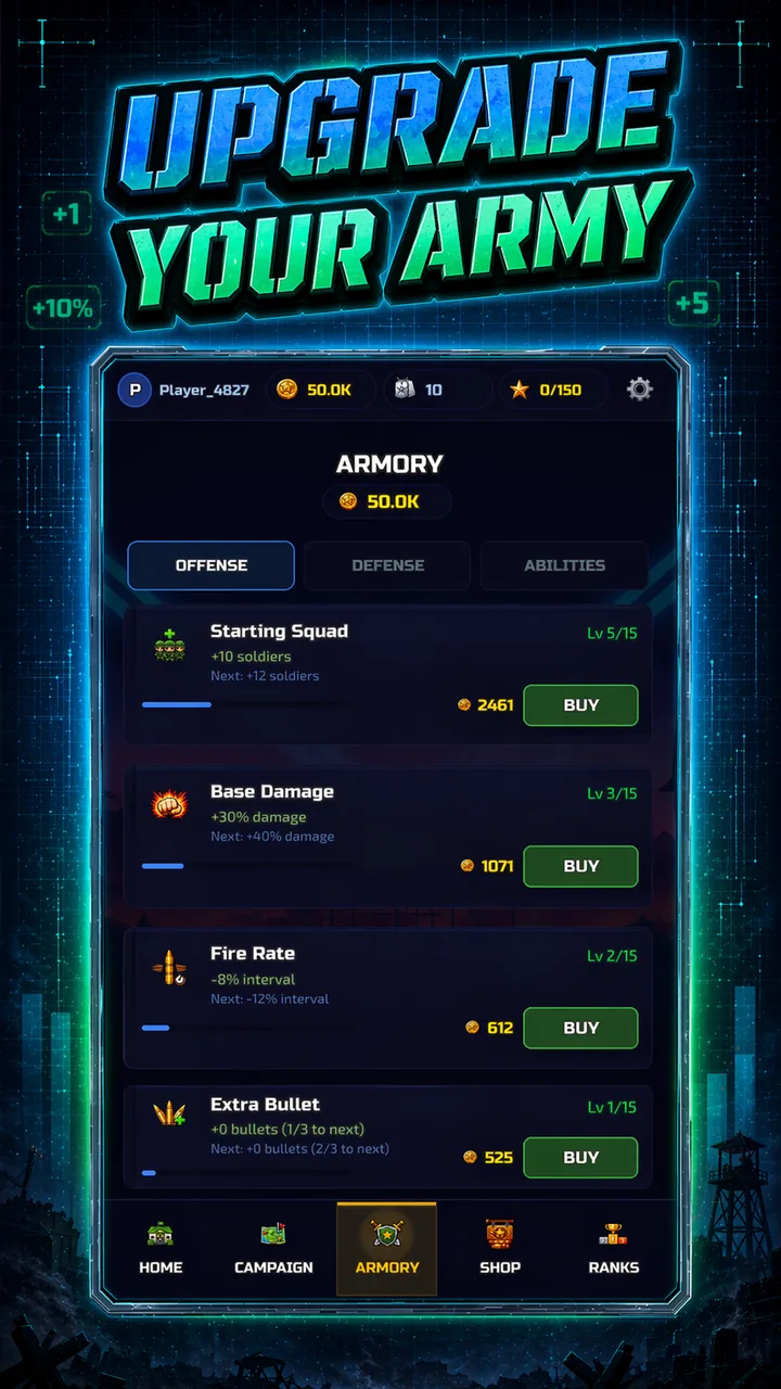 Armory upgrade screen screenshot in Gate Militia